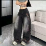 渐变直筒重工高腰牛仔裤