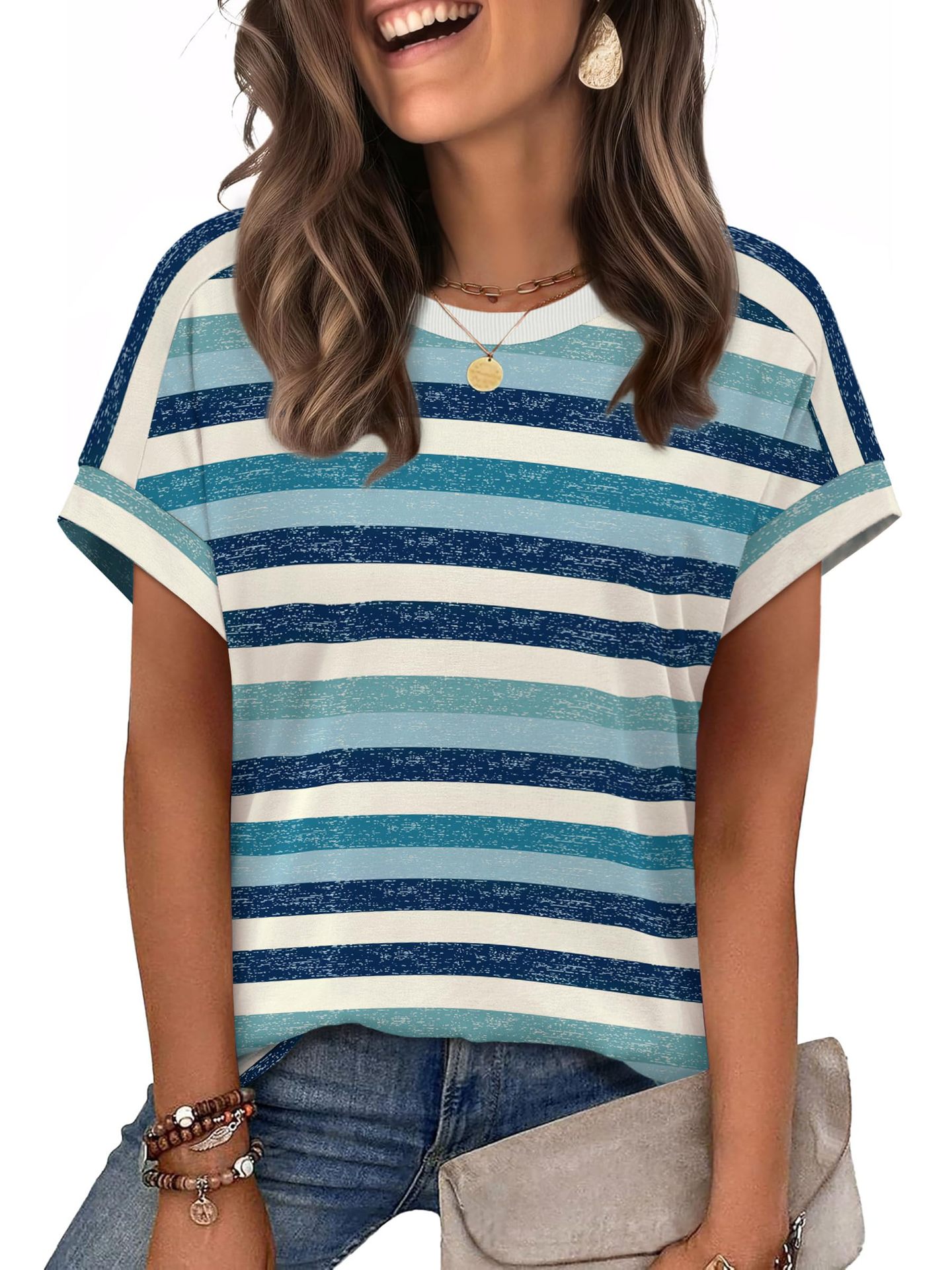Summer New Women's Round Neck Casual Striped T-Shirt Short Sleeve Top American Style_ecoleips.com