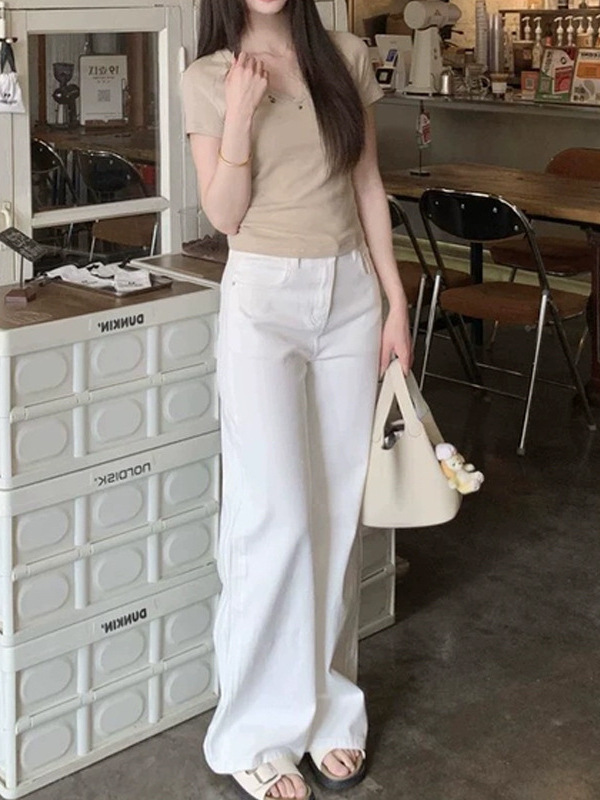 槿一 偏爱Vibe*分割线白色牛仔裤女夏中腰直筒裤百搭阔腿裤子2025|undefined