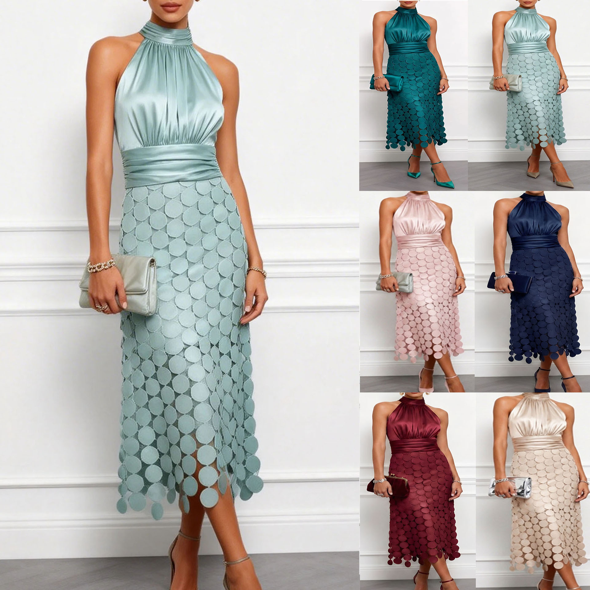 Cross-Border 2026 European and American Spring/Summer New Satin Patchwork Sleeveless Dress Ins Vacation Casual Fashion Dress