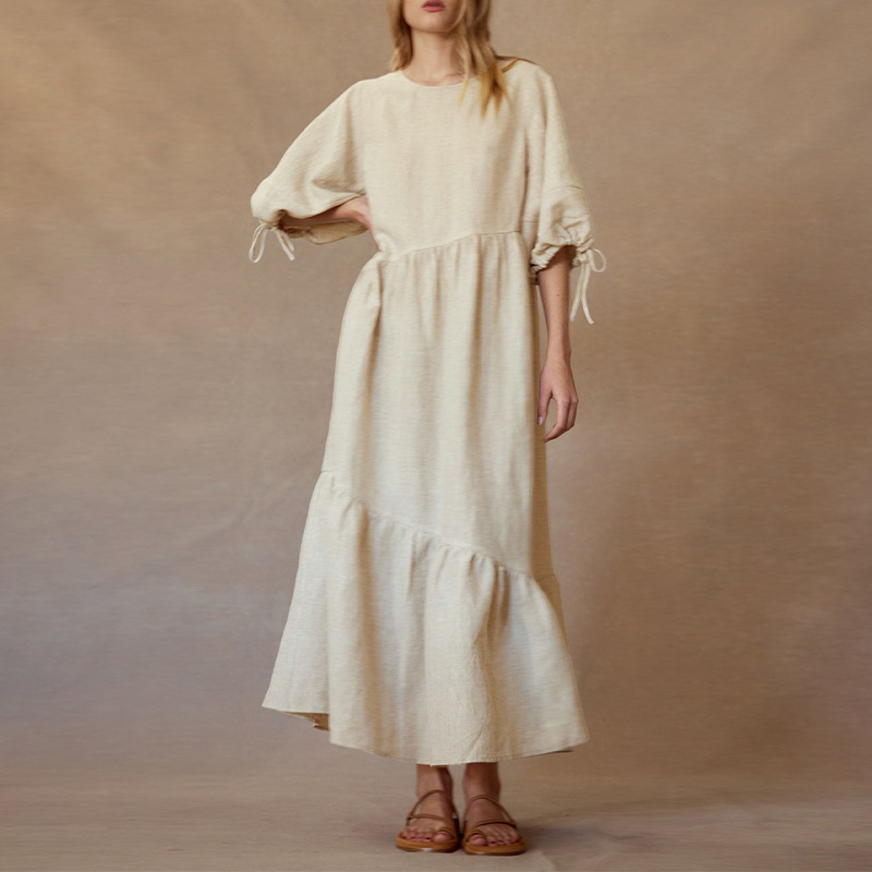 Old Money Style Ramie Lantern Sleeve Round Neck Dress 26 Spring New Niche Tie Design Loose Cotton Linen Long Dress