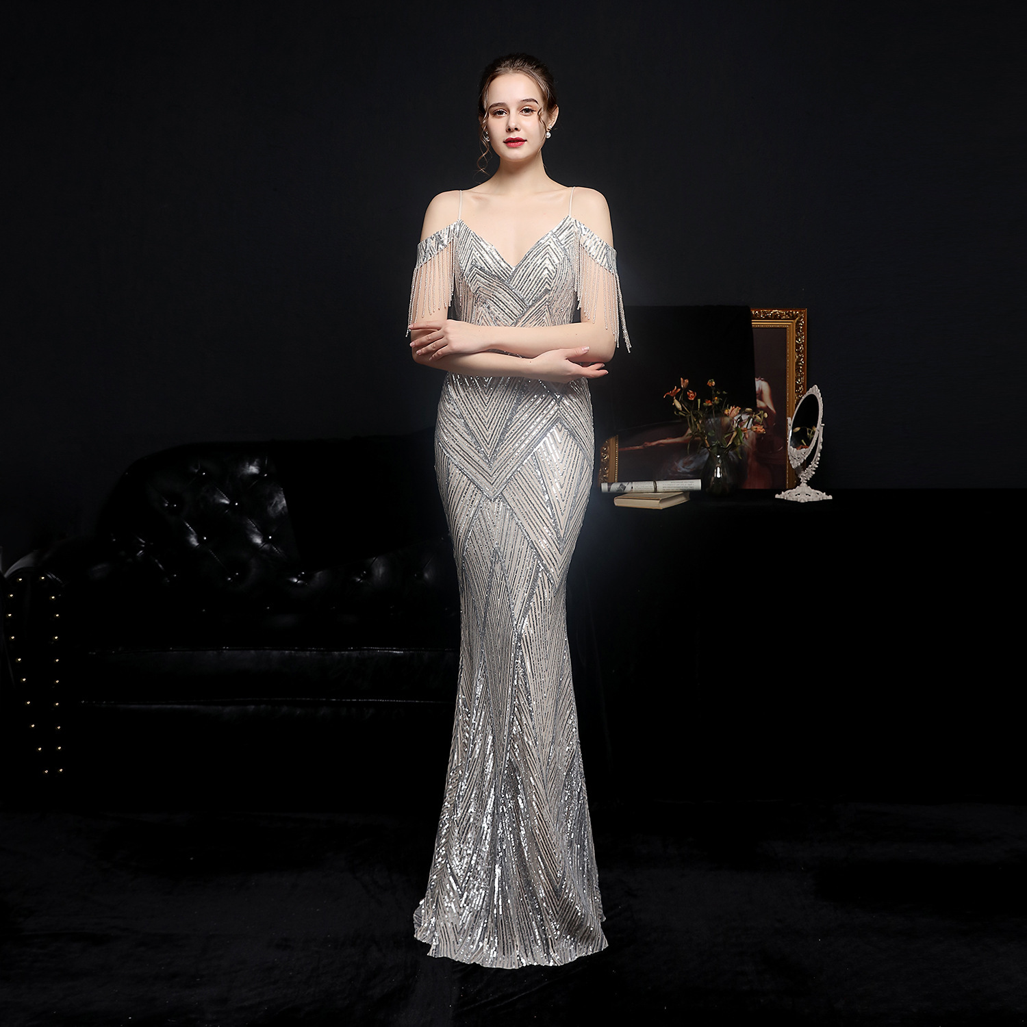 18581 # 2021 New Sequin Mermaid Long Dress Performance Internet Celebrity Event Banquet Car Model Etiquette Evening Dress