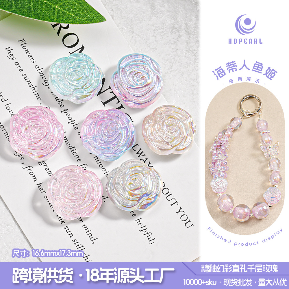 Cuentas de resina iridiscentes transparentes de doble cara con forma de rosa, efecto glaseado, para accesorios de colgantes de cadena de teléfono DIY, venta al por mayor