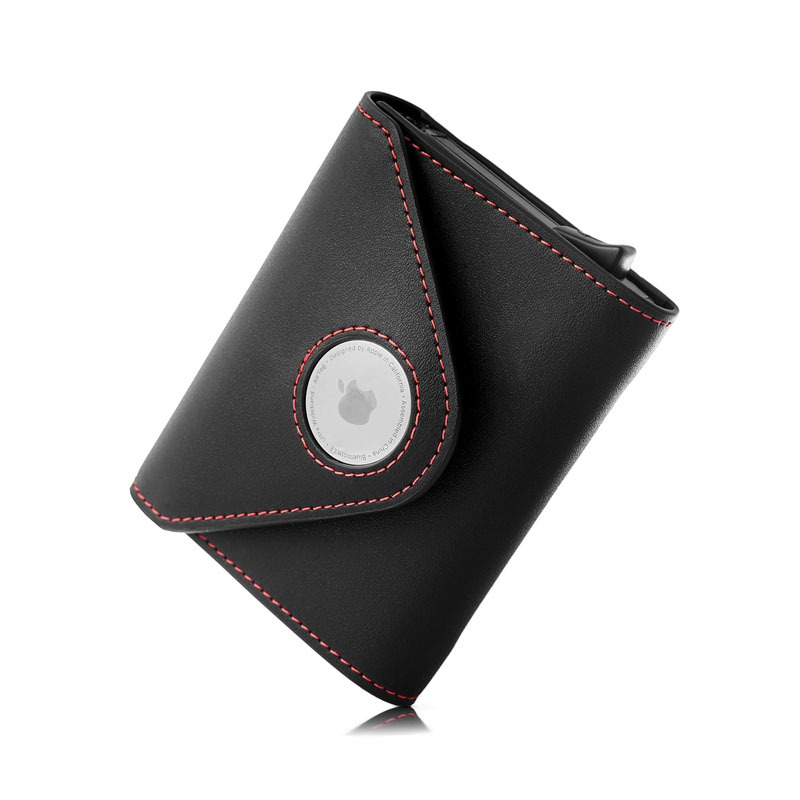 欧美热销AirTag男士三折钱包自动弹卡金属RFID皮夹高级感真皮卡包