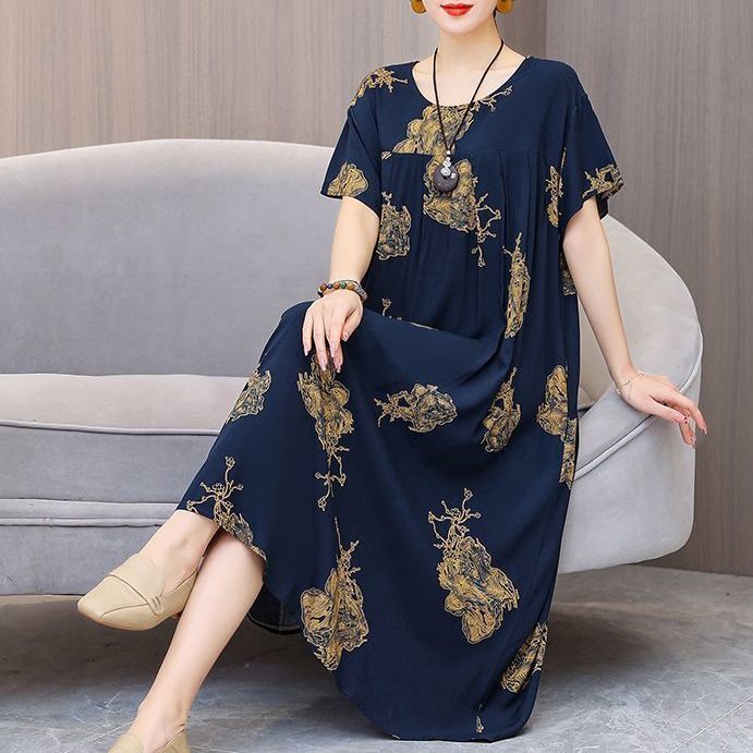 新款棉绸连衣裙加肥加大200斤妈妈中老年女装大码宽松遮肚棉裙子