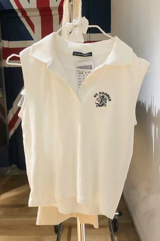 BM Style American Style Vintage St.George Dragon Embroidered Polo Neck Short Sleeveless T-Shirt Bm Vest for Women