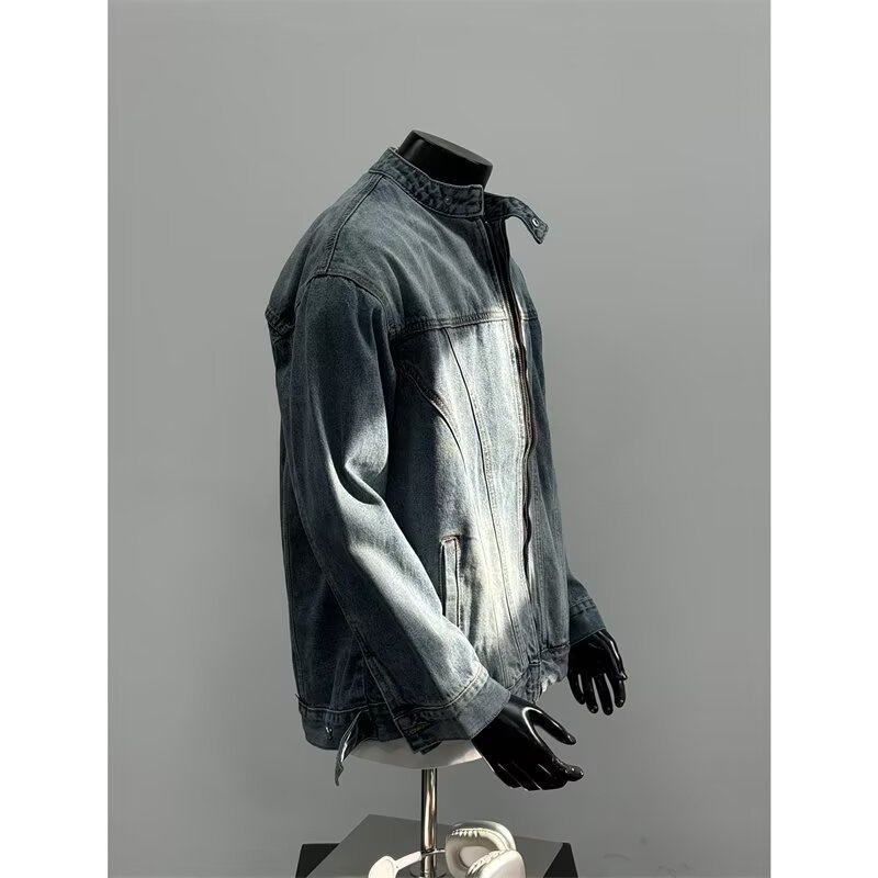 Washed Denim Jacket, Men's Casual Stand Up Collar Versatile Workwear Jacket, Vintage Top_voghion.com