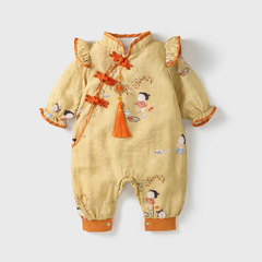 嬰兒連體衣春季新款女寶寶國風衣服新生兒新中式百天周歲春裝爬服