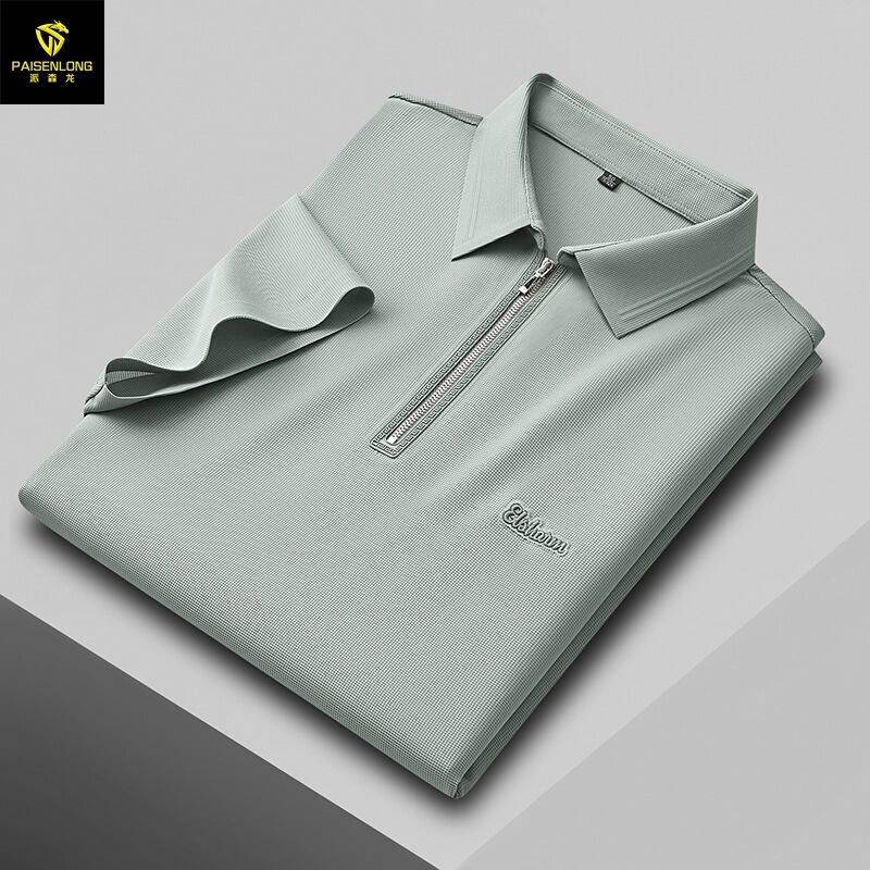 High-end Ice Silk Polo Shirt Casual Business Loose High-end Zipper Short-sleeved T-shirt Stretch Non-ironing Half-sleeved T-shirt