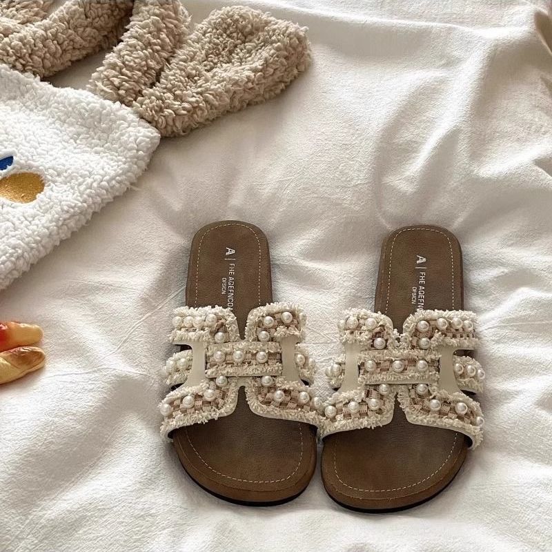 Romantic and Gentle Style~! Pearl French-Style Lazy Vacation Sandals for Women, Summer Trendy Slip-On Slippers for Outdoor Wear