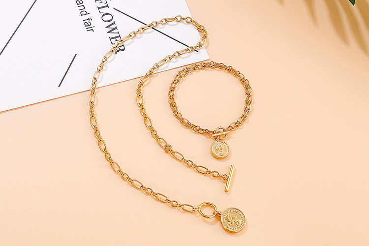European and American hip-hop style double-layer chain coin pendant jewelry set wholesale