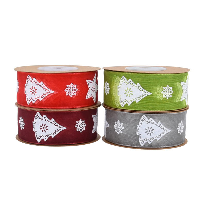 Transfronteriza 2,5 cm espuma de impresión árbol de Navidad cinta de hilo de nieve Navidad flores regalo embalaje cinta de poliéster en stock