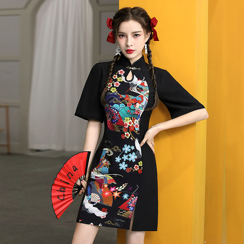 cheongsam young Retro Printed Chinese Dresses Qipao Side slit Asian Theme Party Cosplay Dresses for women girls improved Chinese wind  evening dress 