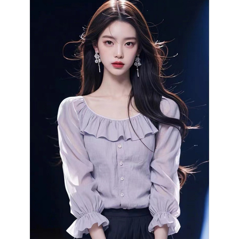 2025年秋の新作婦人服韓国系紫シフォンシャツ気質ハスの葉の縁の高級感七分袖上着|undefined