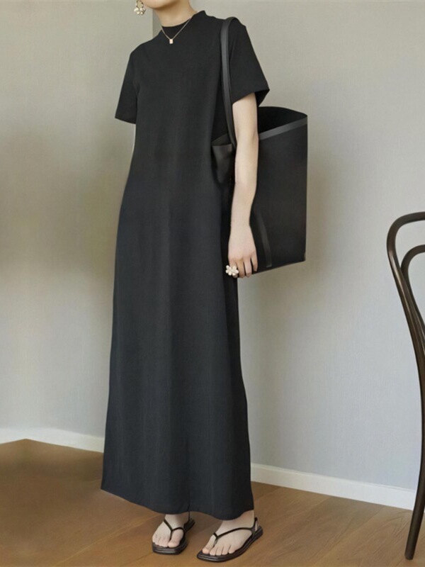 Tall Black Long T-Shirt Dress for Women, Summer Short-Sleeve Loose Lazy Dress, Regular Shoulder, Slimming, Extra-Long Floor-Length Dress