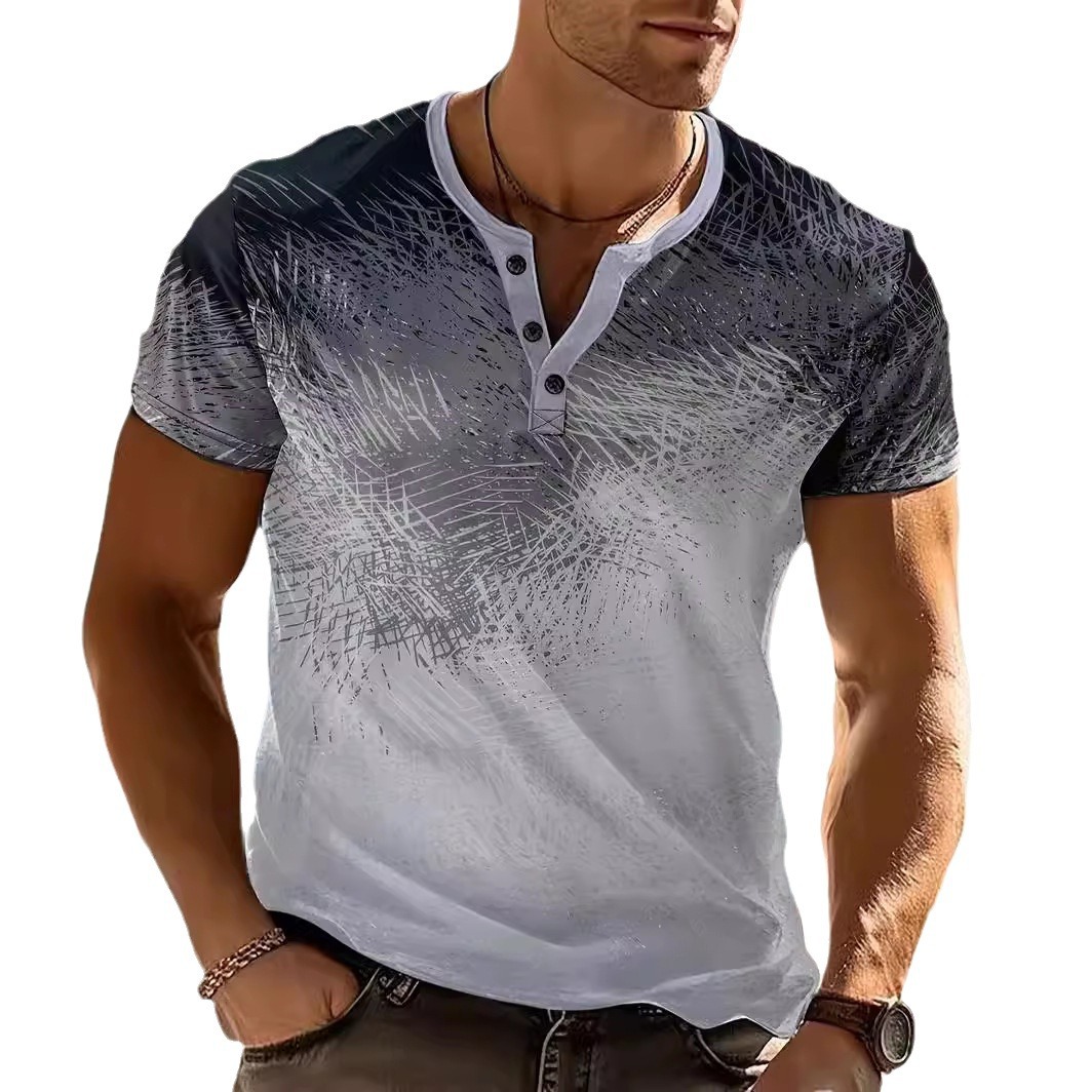 Monochrome Man - 2026 Nuova camicia casual da uomo a maniche corte con colletto alto e righe sfumate, stile transfrontaliero europeo e americano_voghion.com