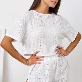 欧美跨境夏季新款热卖舒适宽松白色短袖短裤睡衣两件套跨境家居服