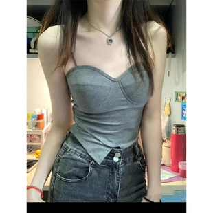Irregular Gray Camisole with Breast Pads for Women, Summer Thai Style Outer Wear and Inner Wear, Beautiful Back Tube Top Sleeveless Top