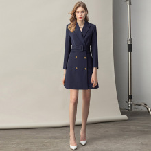 藏青色双排扣长袖系带连衣裙西装领简约时尚显瘦通勤中长款OL女裙
