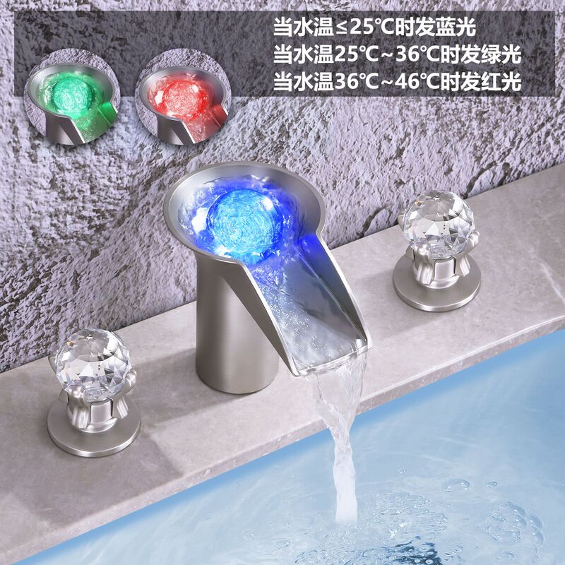 Electric-Free Led Three-Color Temperature-Controlled Color-Changing Faucet, Waterfall Spout Bathroom Basin Dual-Handle Hot and Cold Faucet with Temperature Sensing and Anti-Scald Features