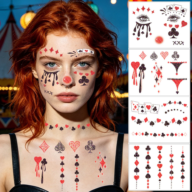 European and American Cross-Border Glitter Clown Halloween Face Stickers Poker Tattoo Stickers Party Clown Temporary Facial Tattoos