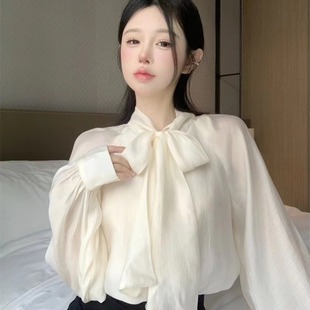 French-style elegant lace-up bow long-sleeved shirt women's design sense niche chic shirt Top Spring and Autumn New