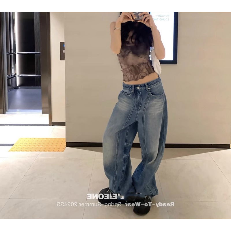 SUN11 Stereo Edge Vintage Washed Jeans Women's Autumn American Style Wide Leg Low Waist Loose Casual Trousers