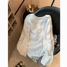 老钱风白色镂空刺绣亚麻长袖衬衫女早秋新款简约气质高级百搭上衣