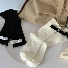 一字蝴蝶結芭蕾風少女甜美木耳邊中筒襪早秋外穿搭配樂福鞋堆堆襪