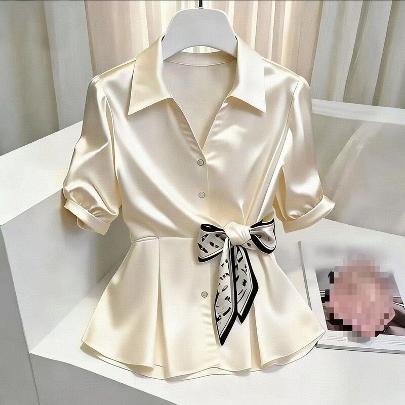Clearance Genuine Product 100% High-End Feel Waist-Cinching Silk Scarf Shirt for Women, Summer French Design Clearance Genuine Product 100% High-End Feel Waist-Cinching Silk Scarf Shirt for Women, Summer French Design
