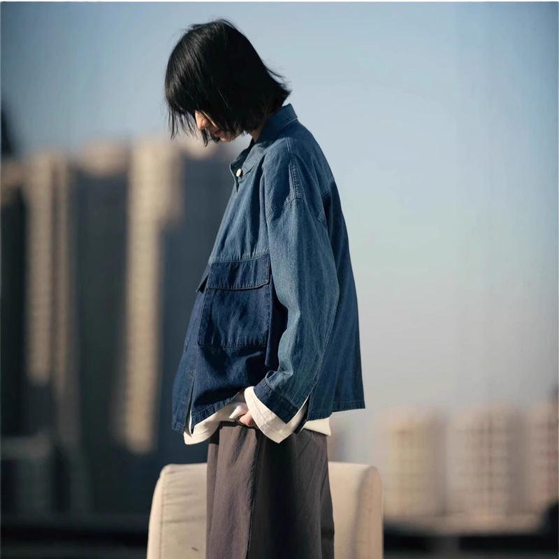 2026 Spring and Autumn Cotton & Linen Color-Block Washed Denim Shirt Women's Shirt Jacket Top Spring and Summer 2026 Spring and Autumn Cotton & Linen Color-Block Washed Denim Shirt Women's Shirt Jacket Top Spring and Summer