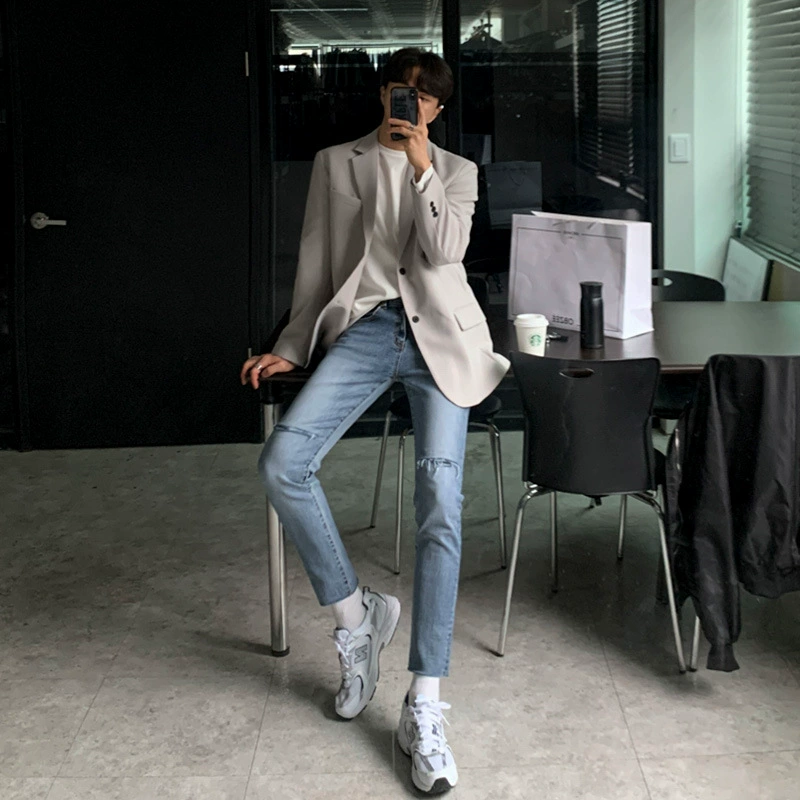 【Распродажа】Элегантный повседневный мужской костюм, серый, в корейском стиле, модный осенний новый свободный однобортный пиджак