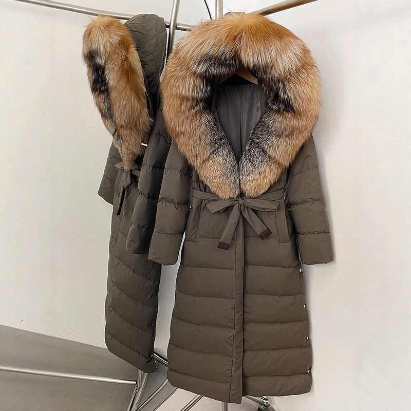 Winter New Style Fur Real Fox Fur Large Collar Hooded down Jacket for Women, Long Over-The-Knee Style with Tie Waist, Slimming Coat