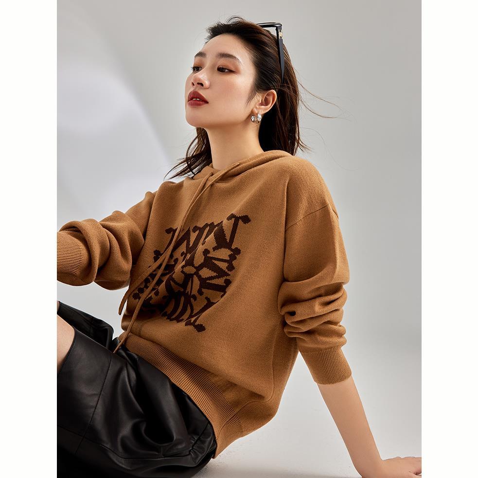 宁夏家 原纱 22秋冬新品重磅字母提花羊毛连帽衫卫衣式毛衣