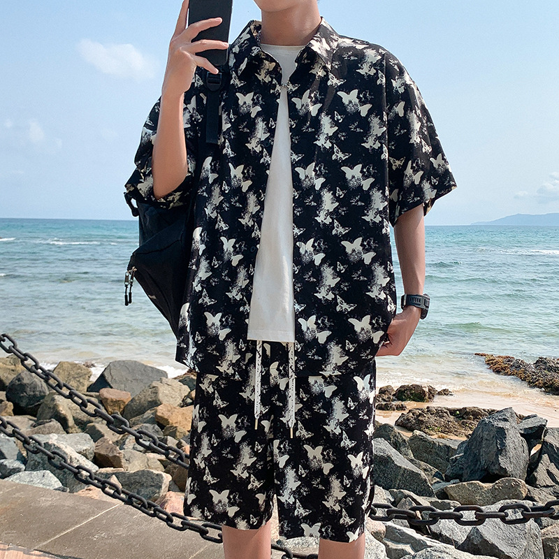 Ice Silk Floral Shirt And Shorts Set For Men Summer Trendy Loose Beachwear Short Sleeved Two Piece Outfit_viptrois.com
