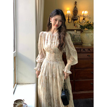 好品质 春秋季法式碎花裙雪纺茶歇长裙高级感长袖连衣裙现货工厂