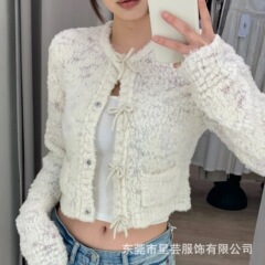 2025秋冬小众高版本蝴蝶结羊毛开衫云朵甜美针织徽标刺绣毛衣女