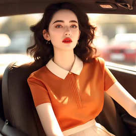 橙色polo领法式洋气短袖t恤女今年夏季显瘦高级设计感减龄针织衫