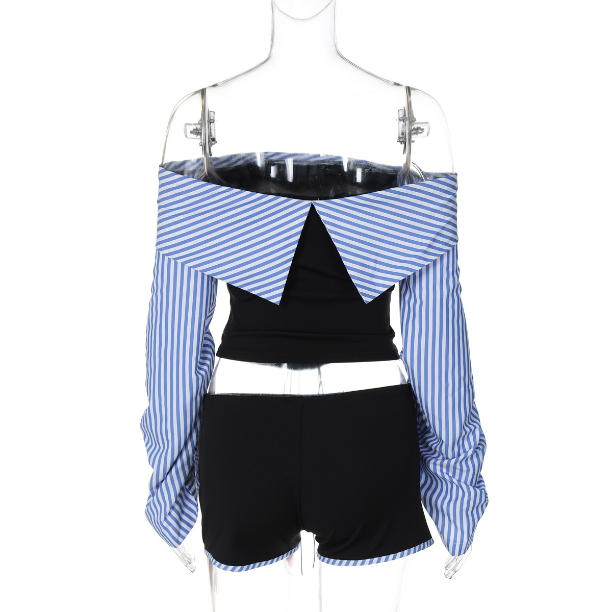 Women off Neck Striped Shirt Irregular Asymmetric with Personality Stitching Corns Tied Top Shorts Two Piece Set