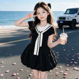 女童连衣裙夏2026新款儿童学院风花苞裙大童装短袖裙子夏装女孩潮