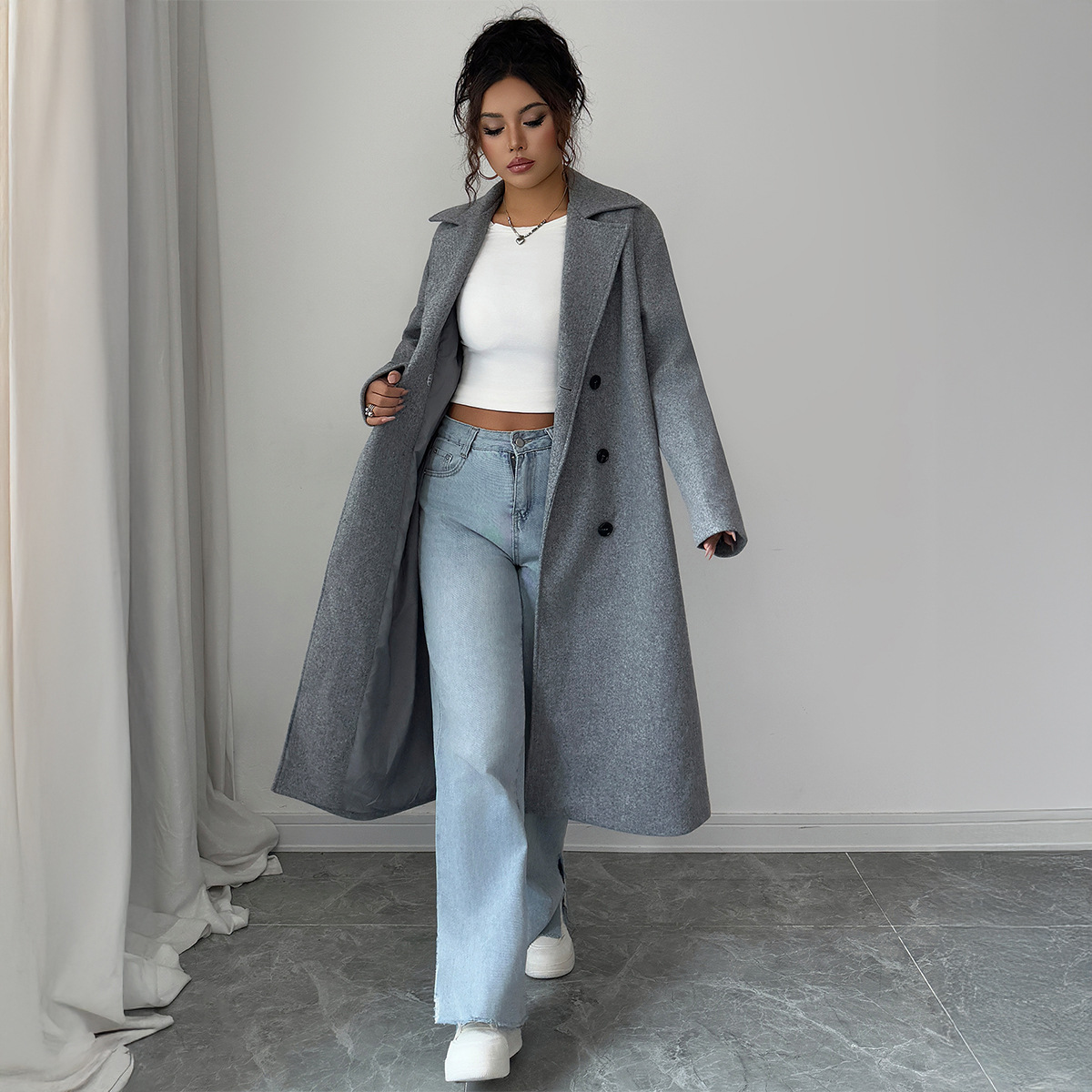 Elegant Button-Down Trench Coat For Women – Minimalist Long Coat In Soft Gray, Polyester, Office & Casual Wear_ecoleips.com