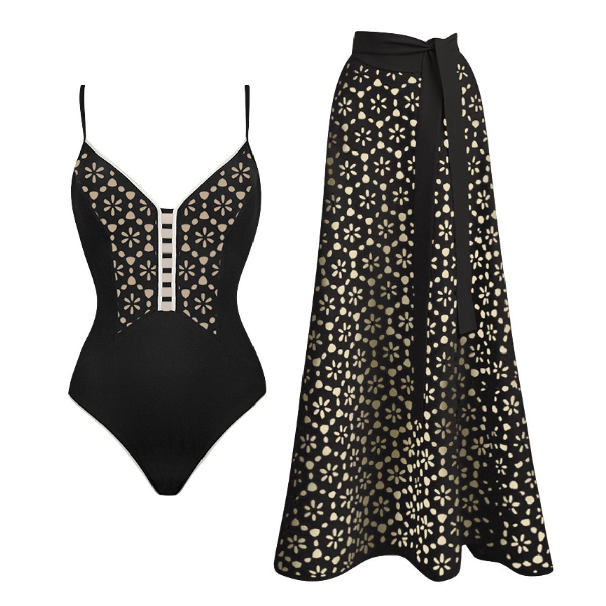 Costume da bagno nero senza spalline da donna, elegante completo con design traforato, abito lungo sexy per le terme._voghion.com
