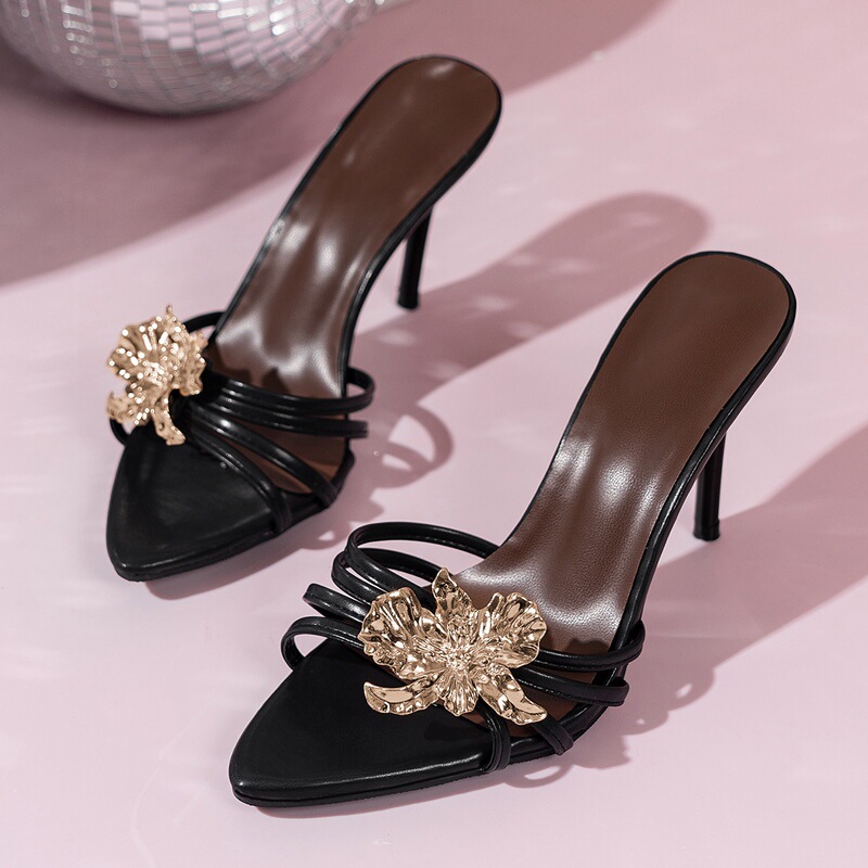 2025 Spring and Summer New Fashionable Large Size High-Heeled Metal Flower Sandals and Slippers, Sexy Stiletto Open-Toe Women's Shoes 2025 Spring and Summer New Fashionable Large Size High-Heeled Metal Flower Sandals and Slippers, Sexy Stiletto Open-Toe Women's Shoes