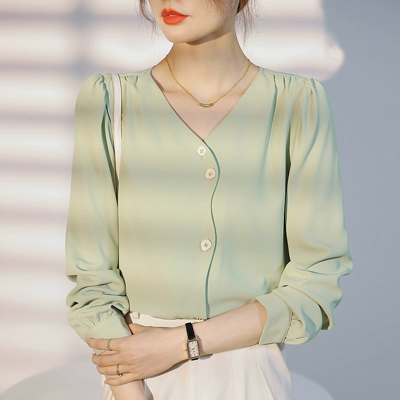 Французский шифоновый рубашка Женская весна и осень 2025 Новый длинный рукав дизайн чувство нишевые V-образные свободные рубашки