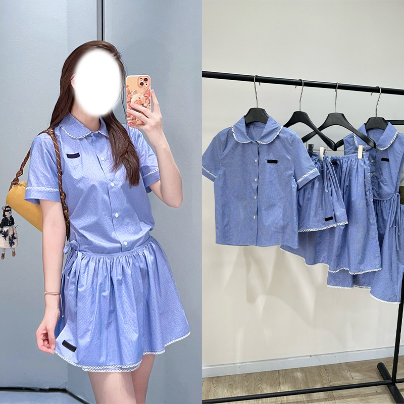 2026 Early Spring Shenzhen Nanyou Blue Plaid Lace Doll Collar Short-Sleeved Shirt Short Skirt Mid-Length Skirt Vest Dress Top for Women
