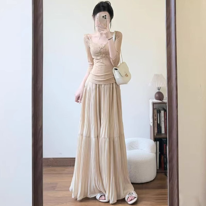 apricot Chiffon Skirt Women's Summer New High Waist A- Line Puffy Cake Skirt Design Pleated Fairy Long Skirt