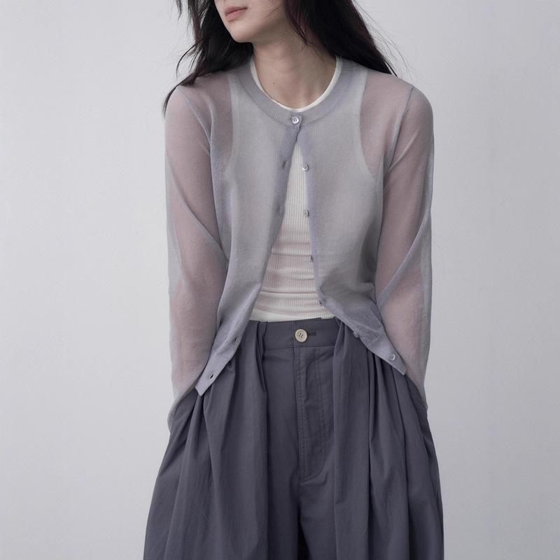 Vermo Summer Layered Wear Ultra-Fine Linen Cotton Lightweight and Transparent Air-Conditioned Room Layered Knitted Cardigan