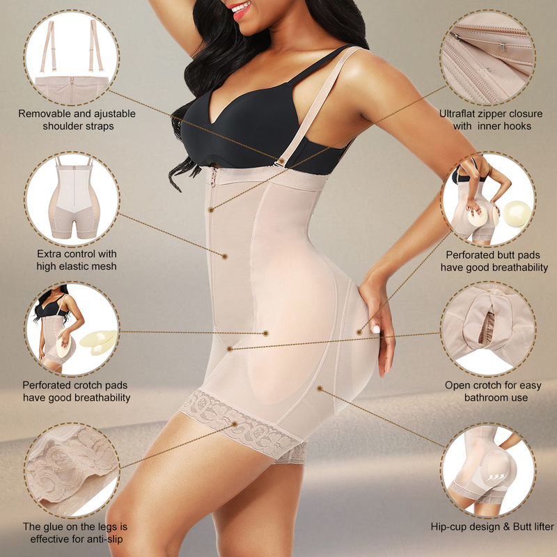One-Piece Shapewear with Zipper and Snap Buttons, Waist-Cinching and Hip-Enhancing Padded Bodysuit, Sexy Body-Shaping Tummy Control Pants, Butt-Lifting Pants