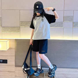 中大儿童洋气女孩夏装两件套女童装2024夏新款纯棉撞色短袖套装潮