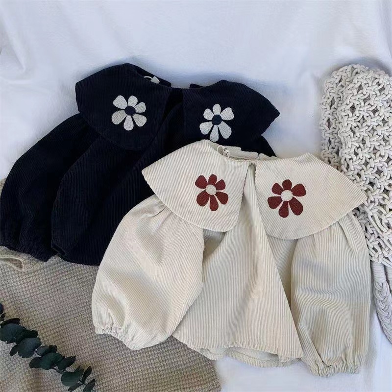 Cuello con volantes flor grande ropa para niños otoño nueva primavera de las muchachas estilo coreano bordado puff manga larga camisa moda